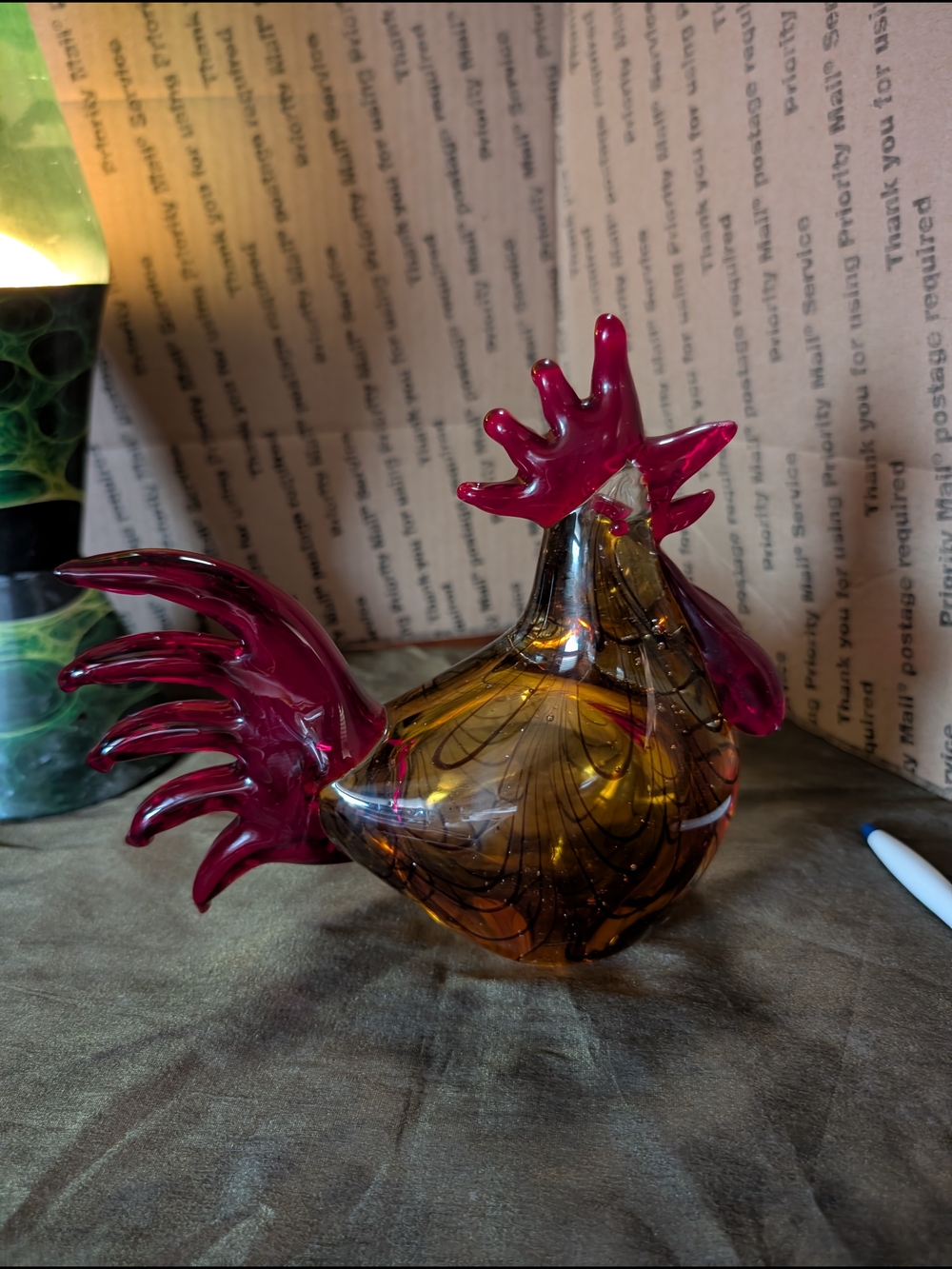 Murano Handblown Art Glass Rooster - Amber and Magenta